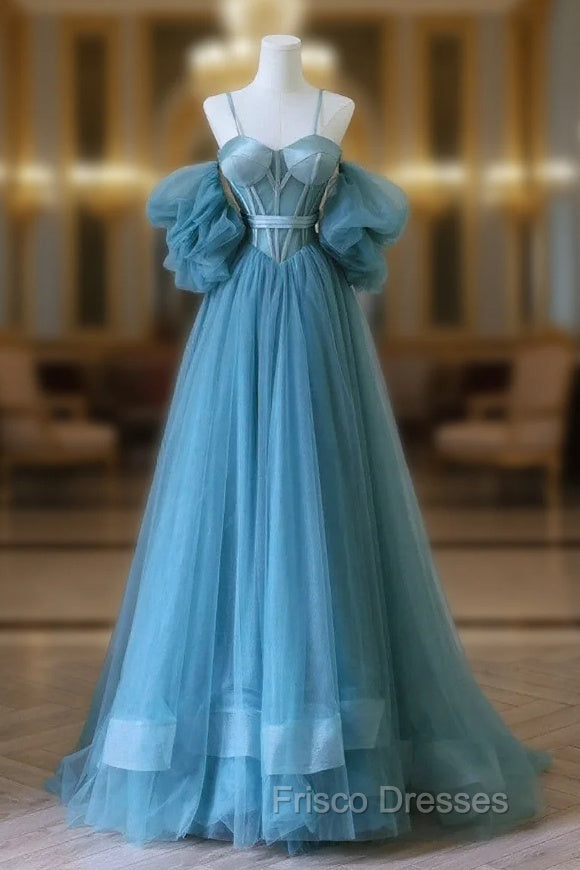 Chic Blue Sweetheart Straps Off Shoulder Tulle Formal Dress, Blue Formal Prom Dress Main image