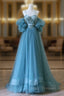 Chic Blue Sweetheart Straps Off Shoulder Tulle Formal Dress, Blue Formal Prom Dress