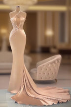 Chic Champagne Sleeveless Mermaid Formal Prom Dress Long Evening Gowns