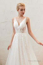 Chic Deep V-Neck White Tulle Princess Open Back Wedding Dresses with Court Train