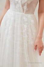 Chic Deep V-Neck White Tulle Princess Open Back Wedding Dresses with Court Train