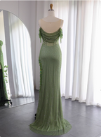 Chic Green Mermaid Tassel Slit Tulle Long Prom Dress Evening Dress