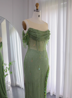 Chic Green Mermaid Tassel Slit Tulle Long Prom Dress Evening Dress