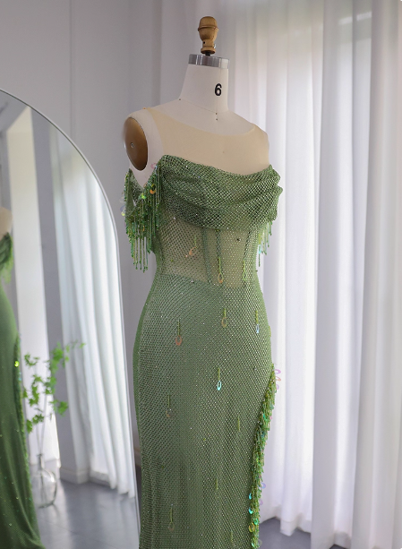 Chic Green Mermaid Tassel Slit Tulle Long Prom Dress Evening Dress