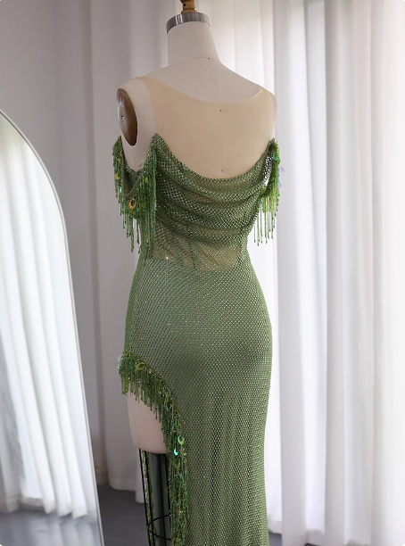 Chic Green Mermaid Tassel Slit Tulle Long Prom Dress Evening Dress