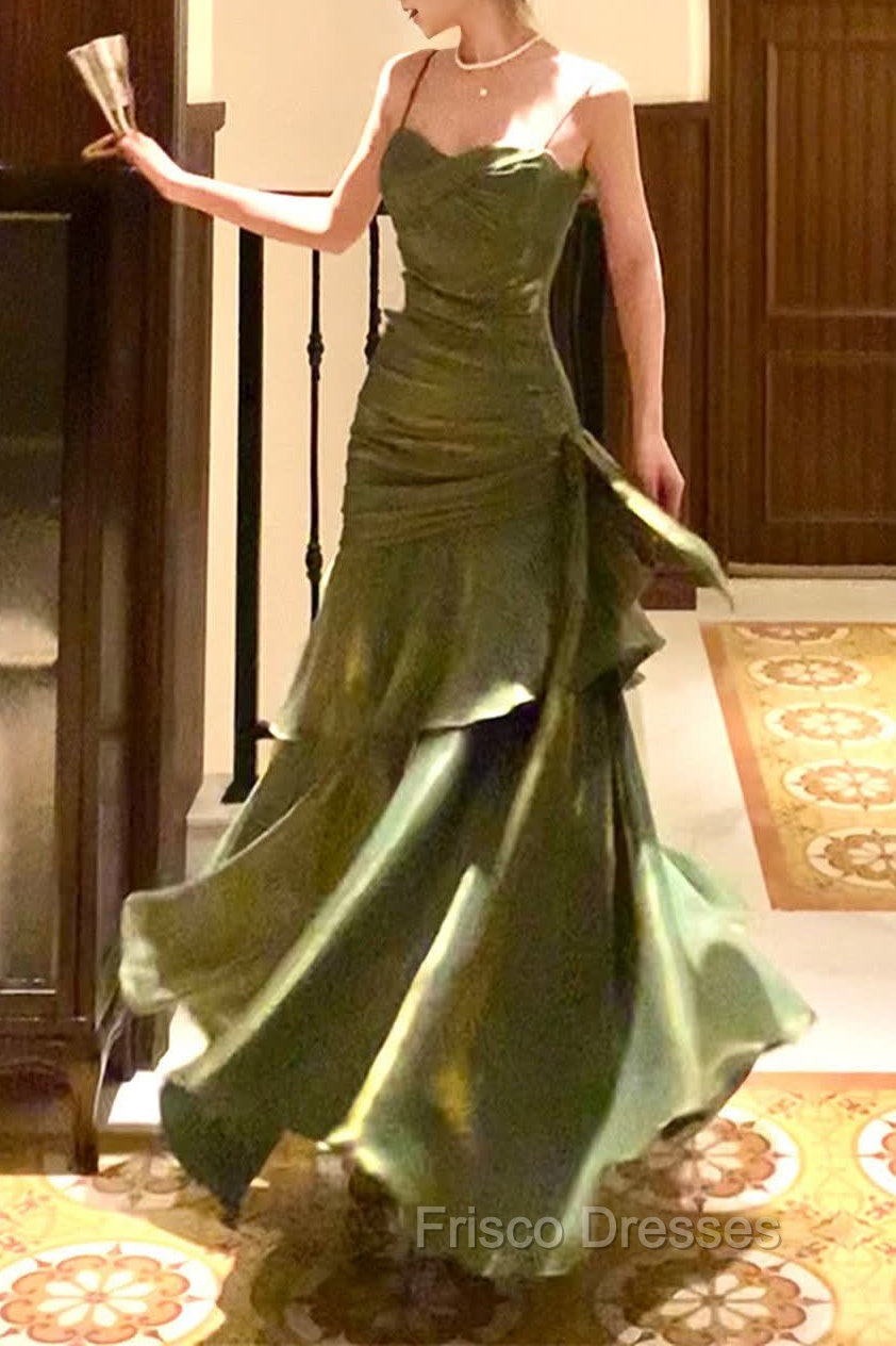 Chic Green Straps Sweetheart Long Formal Dress, Green Formal Prom Dress Evening Dress