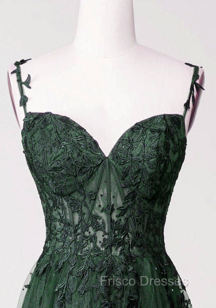 Chic Green Straps Tulle with Lace Party Dress, A-line Sweetheart Floor Length Formal Prom Dress Secondary image