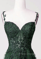 Chic Green Straps Tulle with Lace Party Dress, A-line Sweetheart Floor Length Formal Prom Dress