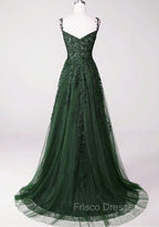 Chic Green Straps Tulle with Lace Party Dress, A-line Sweetheart Floor Length Formal Prom Dress