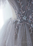 Chic Grey Beaded Layers Tulle Long Formal Dress, Grey Off Shoulder Formal Prom Dress