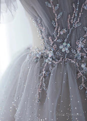 Chic Grey Beaded Layers Tulle Long Formal Dress, Grey Off Shoulder Prom Dress