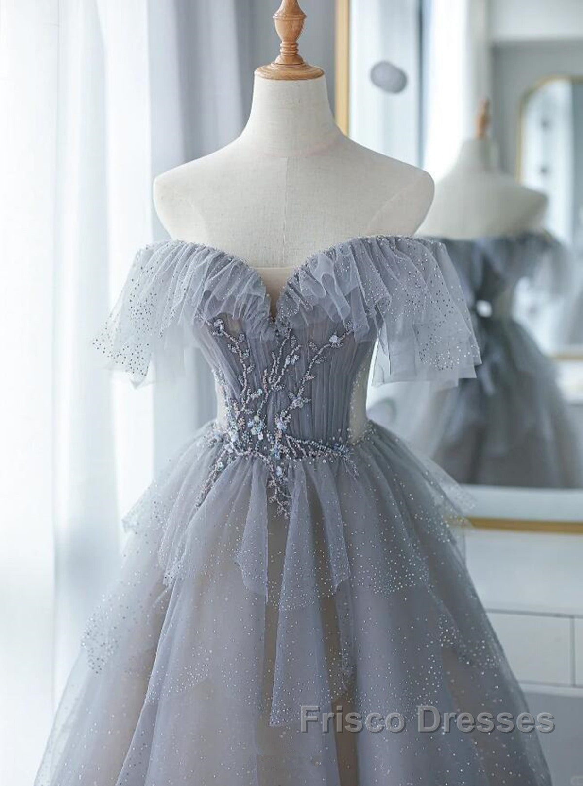 Chic Grey Beaded Layers Tulle Long Formal Dress, Grey Off Shoulder Formal Prom Dress