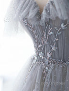 Chic Grey Beaded Layers Tulle Long Formal Dress, Grey Off Shoulder Formal Prom Dress
