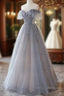 Chic Grey Beaded Layers Tulle Long Formal Dress, Grey Off Shoulder Formal Prom Dress