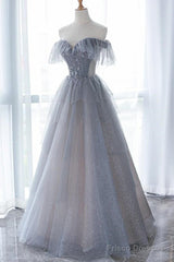 Chic Grey Beaded Layers Tulle Long Formal Dress, Grey Off Shoulder Prom Dress