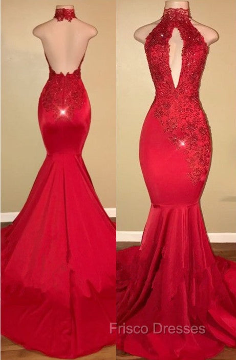 Chic Halter Mermaid Formal Prom Party GownsLong With Lace Appliques