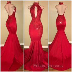 Chic Halter Mermaid Formal Prom Party GownsLong With Lace Appliques