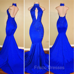 Chic Halter Mermaid Formal Prom Party GownsLong With Lace Appliques