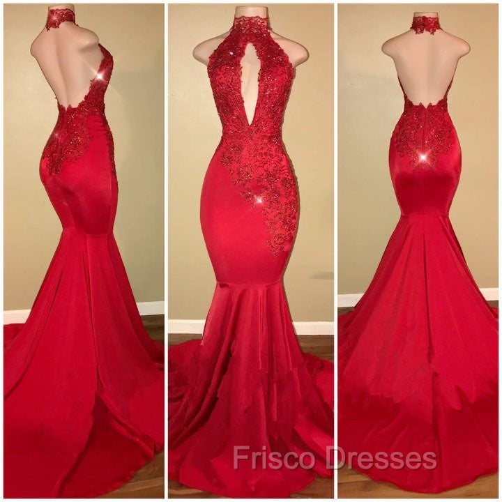 Chic Halter Mermaid Formal Prom Party GownsLong With Lace Appliques