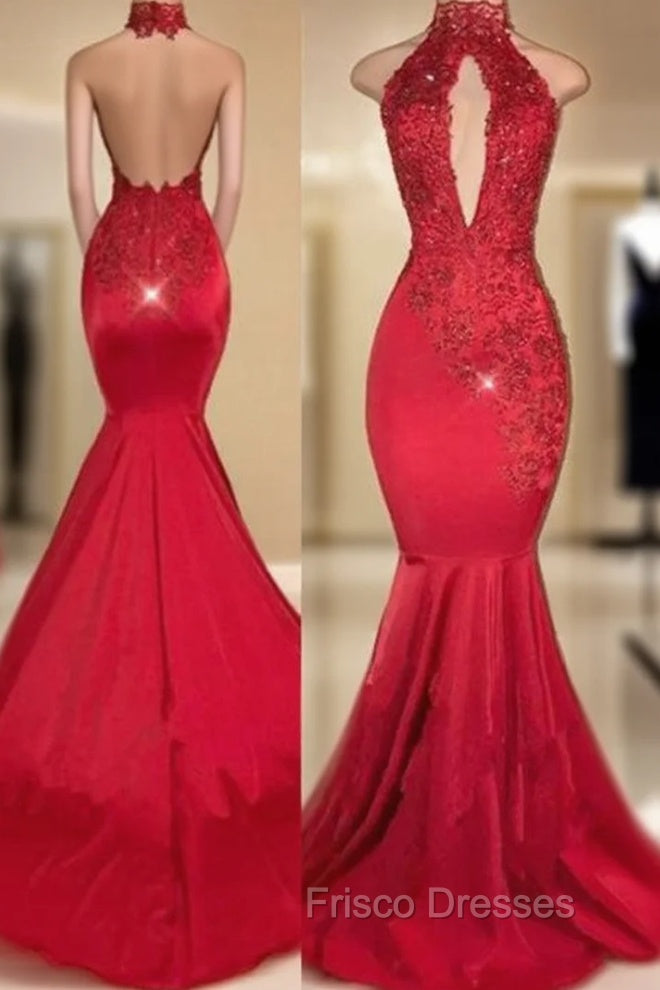 Chic Halter Mermaid Formal Prom Party GownsLong With Lace Appliques Main image