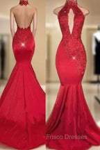 Chic Halter Mermaid Formal Prom Party GownsLong With Lace Appliques