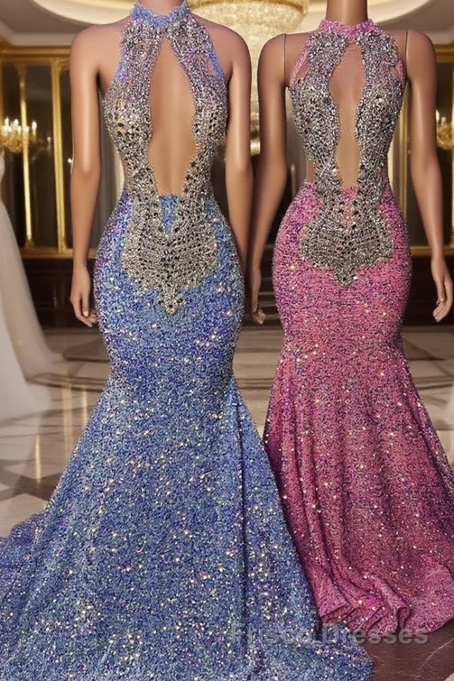 Chic Halter Sleeveless Mermaid Formal Prom Dresses With Beading