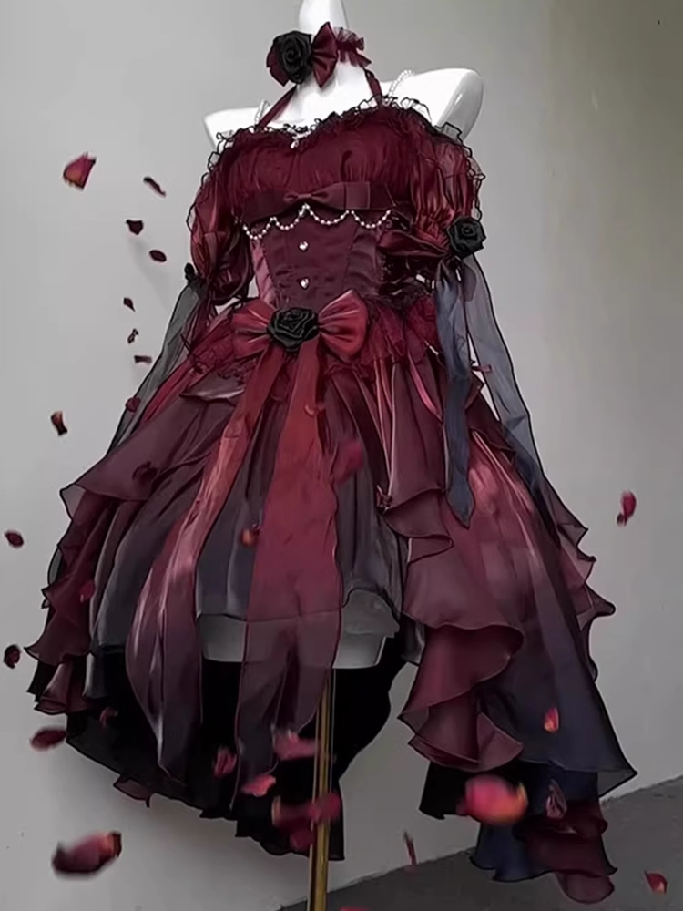 Chic High Low Halter Burgundy Organza Party Dresses Birthday Outfits Main image