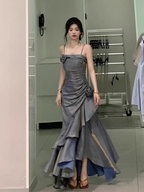 Chic High Low Spaghetti Straps Gray Blue Long Party Dresses Birthday Outfits