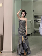 Chic High Low Spaghetti Straps Gray Blue Long Party Dresses Birthday Outfits