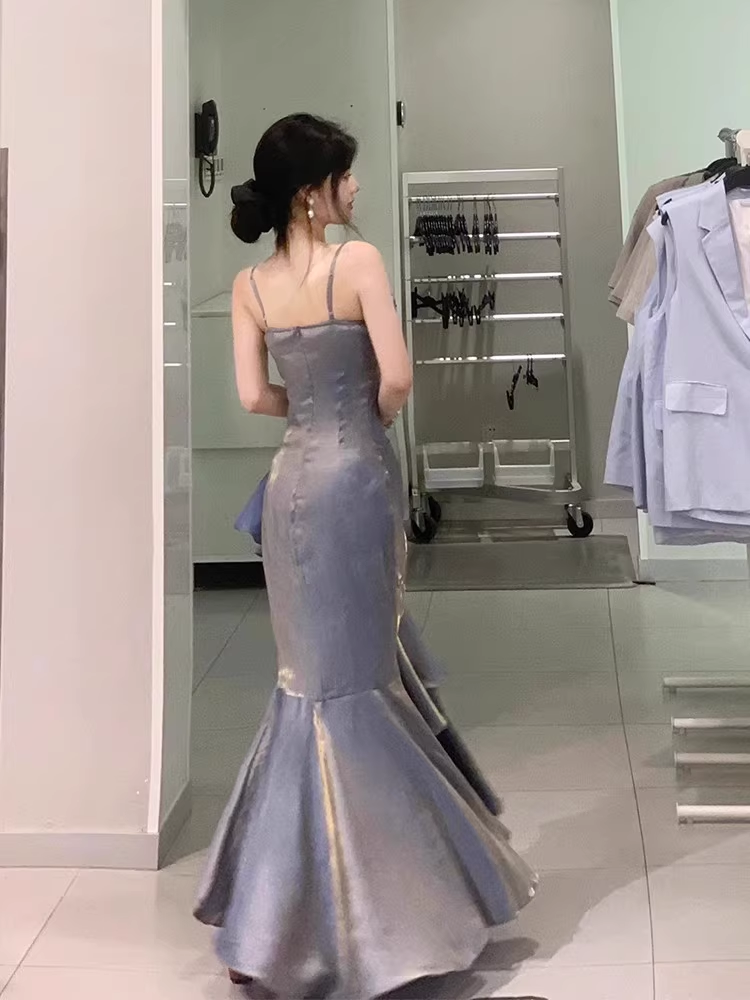Chic High Low Spaghetti Straps Gray Blue Long Party Dresses Birthday Outfits