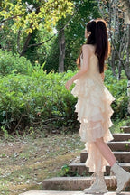 Chic High Low Spaghetti Straps Formal Prom Dress Birthday Dress With Ruffles