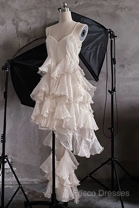 Chic High Low Spaghetti Straps Formal Prom Dress Birthday Dress With Ruffles