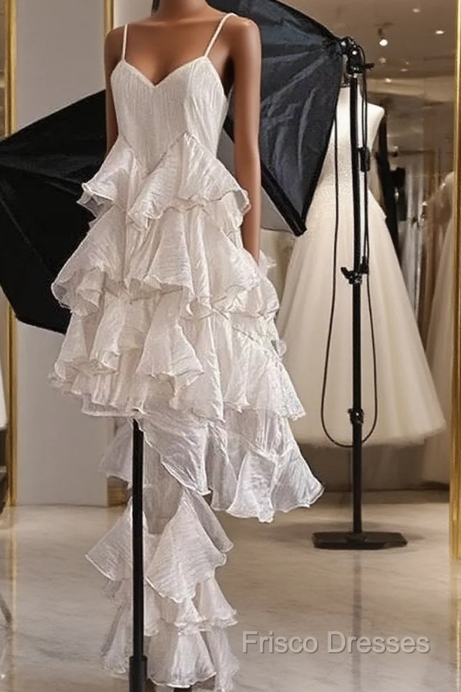 Chic High Low Spaghetti Straps Formal Prom Dress Birthday Dress With Ruffles