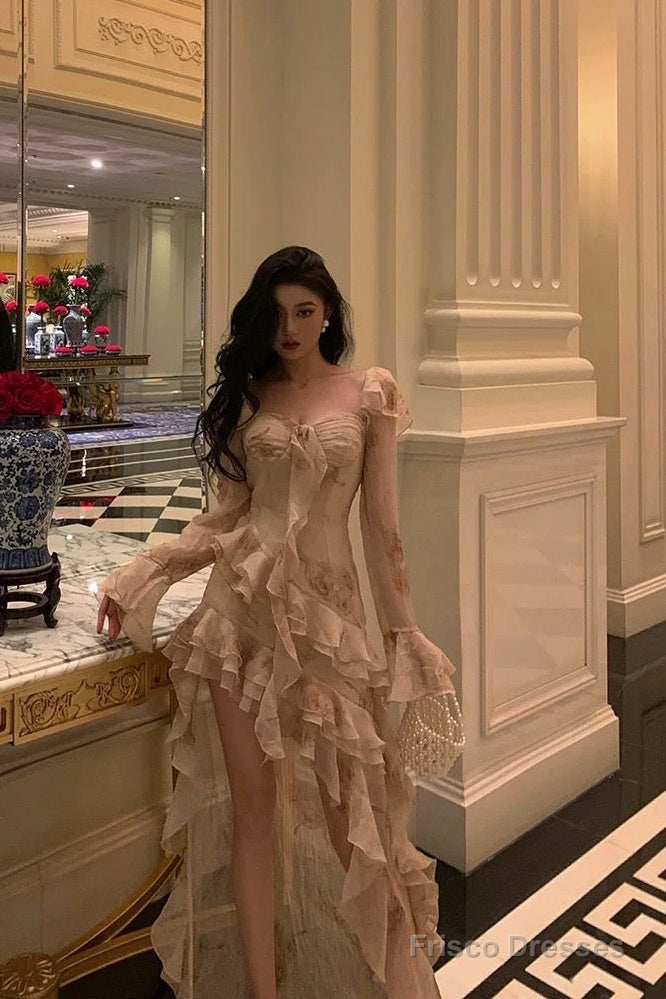 Chic High Low Sweetheart Long Sleeves Floral Ruffles Chiffon Prom Dresses Birthday Outfits