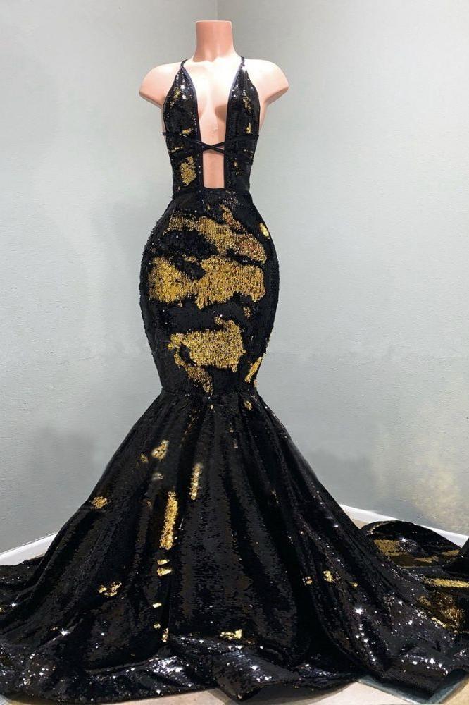 Chic Hollow Neckline Gold And Black Long Train Mermaid Evening Dresses Secondary image
