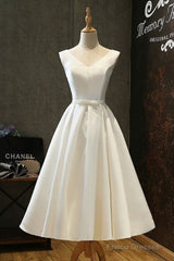 Chic Lace Up Tea Length Vintage Satin Ivory Wedding Dress