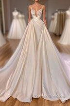 Chic Long A-line Cathedral Sleeveless V-neck Satin Wedding Dress