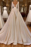 Chic Long A-line Cathedral V-neck Satin Lace Wedding Dress With Sleeves