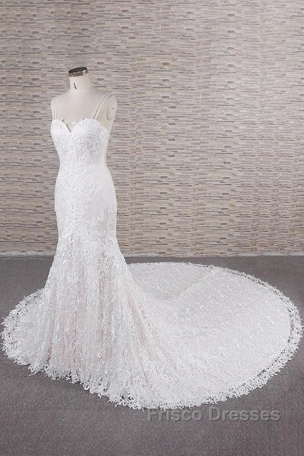 Chic Long Mermaid Sweetheart Spaghetti Strap Appliques Lace Wedding Dress Secondary image