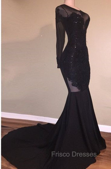 Chic Mermaid Black Long-Sleeves Backless Appliques Formal Prom Party Gowns
