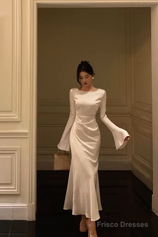 Chic Mermaid Boat Neckline Long Sleeves Silk Satin Prom Dresses Birthday Dress