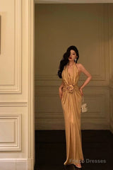 Chic Mermaid Halter Gold Long Ruffles Prom Dresses Birthday Dress