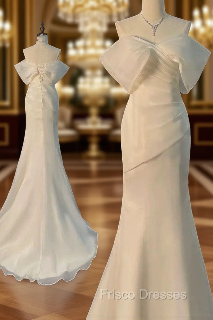 Chic Mermaid Off The Shoulder Short Sleeves Ivory Chiffon Wedding Dress With Ruffles Main image