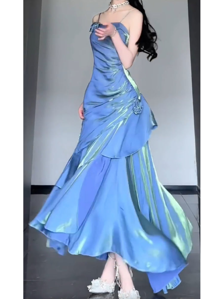 Chic Mermaid Spaghetti Straps Blue Long Prom Dress Birthday Dresses Birthday Outfits Secondary image
