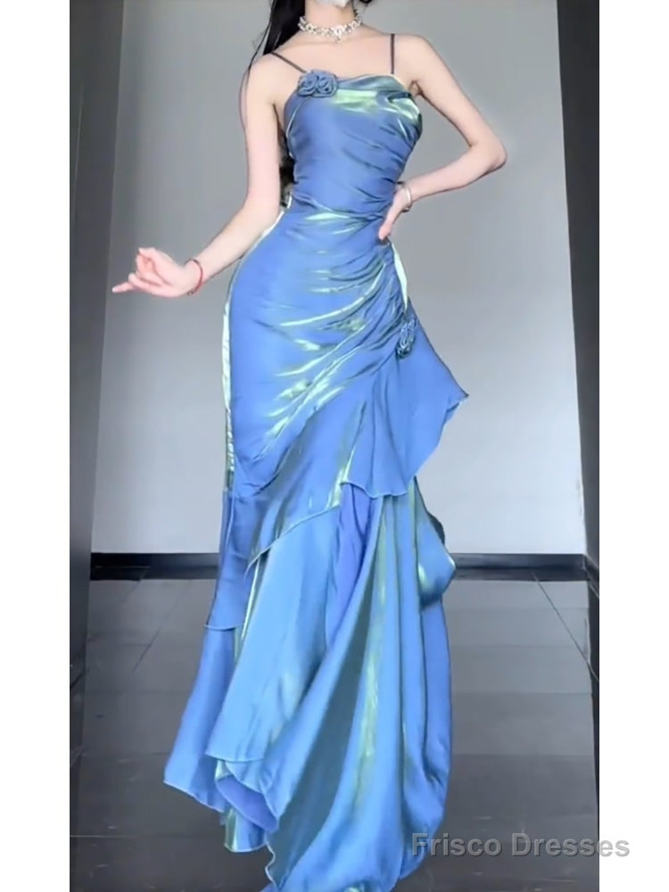 Chic Mermaid Spaghetti Straps Blue Long Prom Dress Birthday Dresses Birthday Outfits