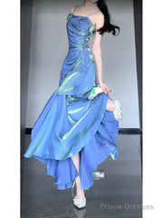 Chic Mermaid Spaghetti Straps Blue Long Prom Dress Birthday Dresses Birthday Outfits