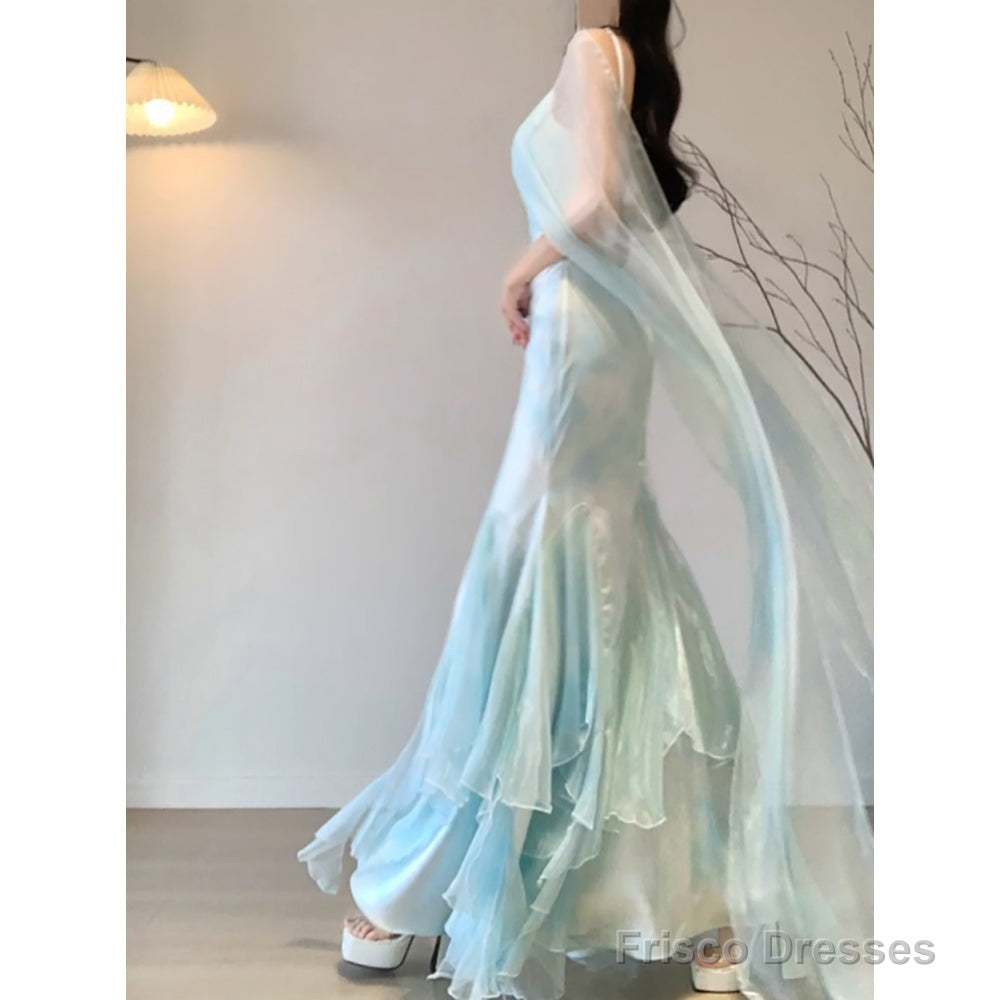 Chic Mermaid Spaghetti Straps Light Green Chiffon Long Prom Dress Birthday Dresses Birthday Outfits