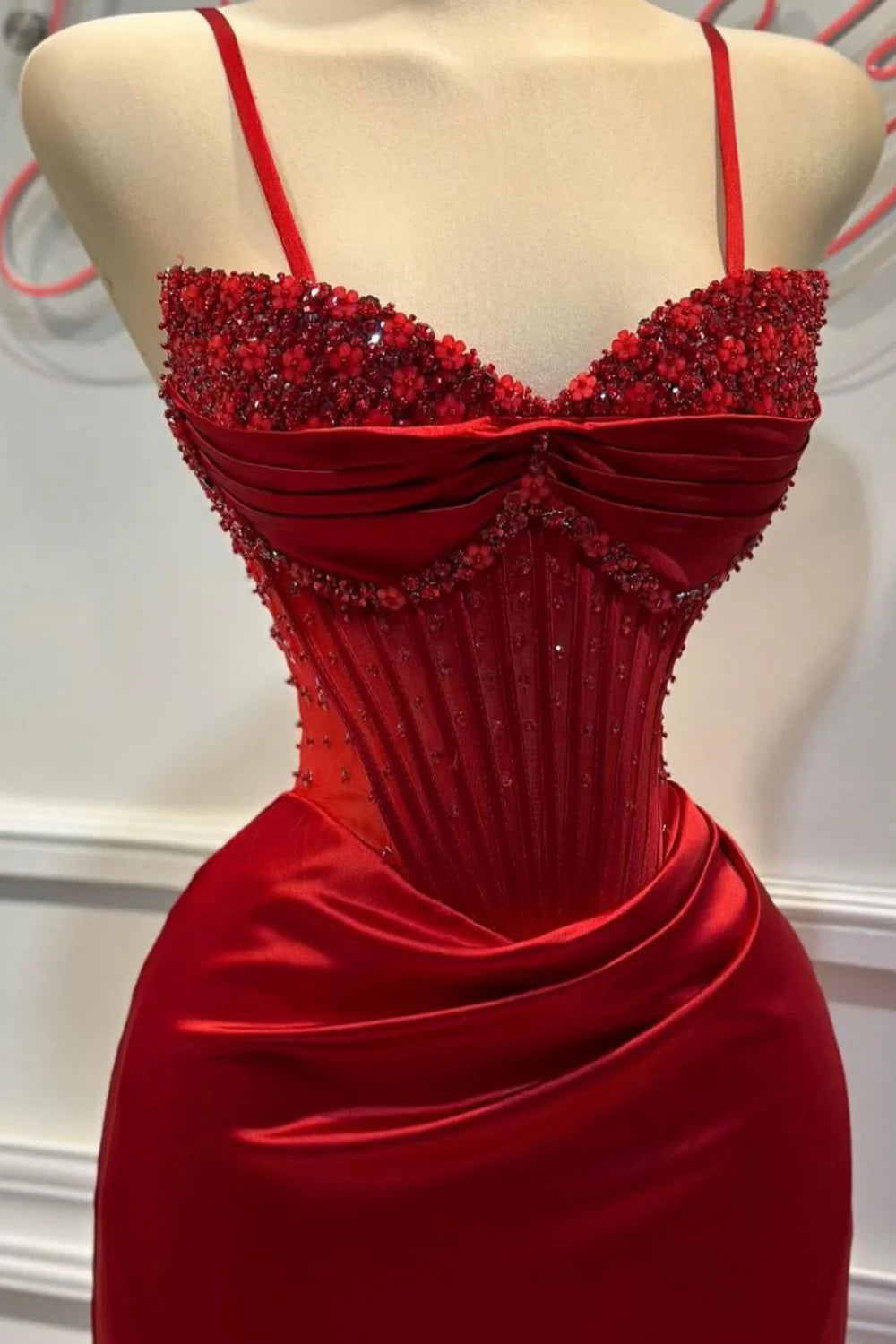 Chic Mermaid Spaghetti StrapsSatin  Long Formal Dress With Beading Wedding Guest Dress Secondary image