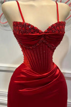 Chic Mermaid Spaghetti StrapsSatin  Long Formal Dress With Beading Wedding Guest Dress