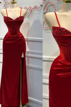 Chic Mermaid Spaghetti StrapsSatin  Long Formal Dress With Beading Wedding Guest Dress